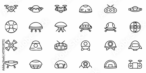 Futuristic flying objects icons for game design and sci-fi projects, drones and spaceships isolated as design elements for technology themes