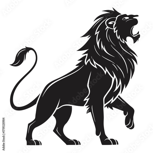 A majestic black and white illustration of a roaring lion in profile