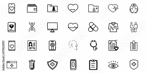 Modern healthcare icons collection showcasing medical technology, doctor, health records, and wellness apps for innovative healthcare solutions