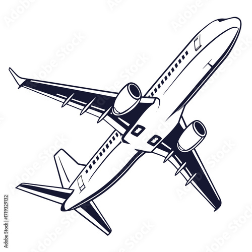 Simple black and white illustration of a passenger airplane in flight