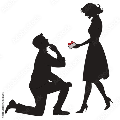 A romantic proposal scene man kneeling with ring woman accepting