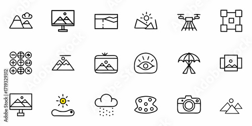Explore stunning landscapes with these simple icons perfect for travel blogs, photography websites, and nature adventure apps, a clean modern design.