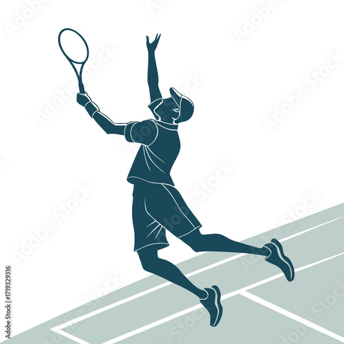 A silhouette of a tennis player serving with dynamic motion and energy