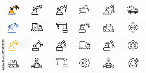 Modern industry icons showcasing automation and manufacturing processes, robotic arms and vehicle icons representing future technology and efficient systems