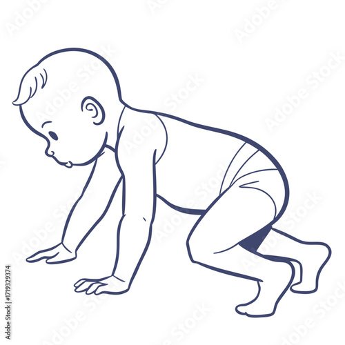 A simple line drawing depicts a baby learning to crawl and explore