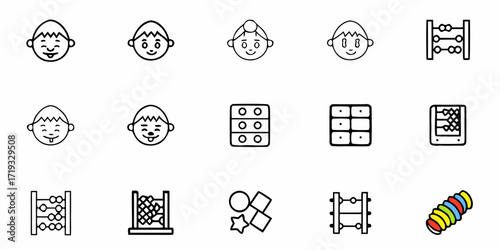 Engaging icons illustrating childhood learning toys and happy childrens' faces, perfect for educational resources or playful designs, originally a scalable graphic