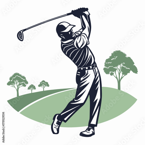 Golfer completing a swing on a green course with trees backdrop