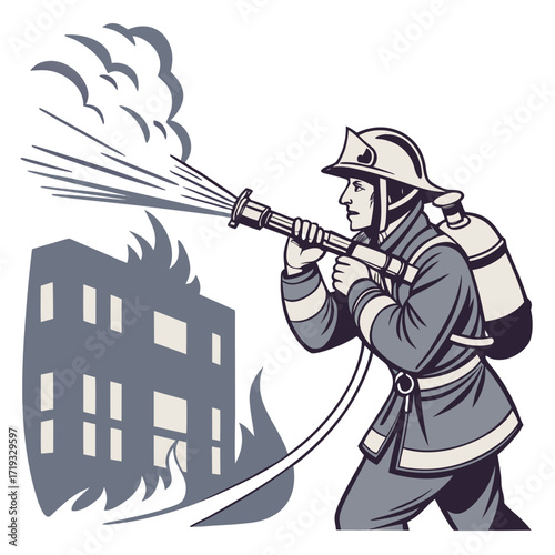 Brave firefighter battling a blazing structure with powerful water stream
