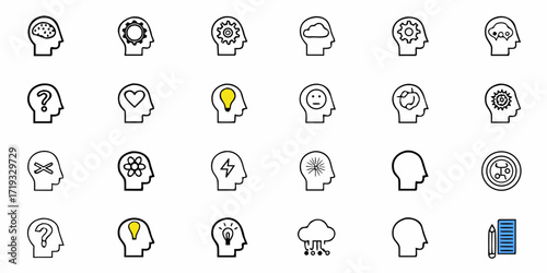 Mental wellness and creativity icons for innovative solutions, cognitive processes, human mind, ideas and brain, business, learning and technology concepts