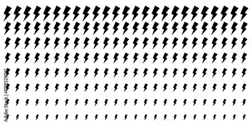 Repeated thunderbolt shapes pattern. Black lightning signs isolated on white background. Flashlights or electricity, energy or danger, power or shock cartoon symbols. Vector graphic illustration.