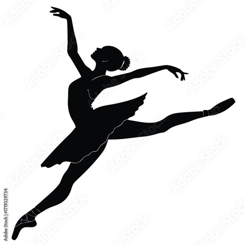 Elegant ballerina silhouette performing a dynamic dance pose in black and white