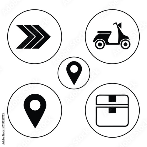 Restaurant food delivery icons set scooter map box arrow direction for online ordering services 