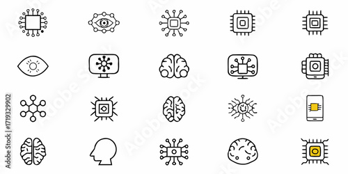 Futuristic AI icons symbolizing technological progress, machine learning, neural networks, and artificial intelligence, suitable for technology and science designs