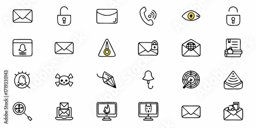 Dynamic communication icons capturing email security alerts messages and online interaction symbols for digital concepts