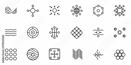 Dynamic science icons capturing molecular structures, networks, and abstract concepts for modern innovation and technology projects