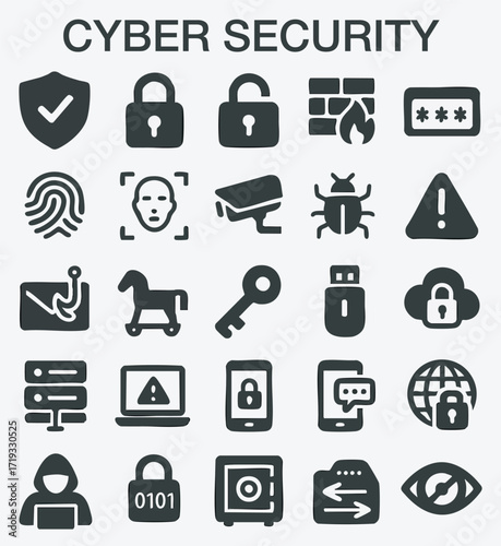 Cybersecurity and Digital Protection solid Icon Set containing lock, safety, bug, key, warning, phising and trojan. High Quality