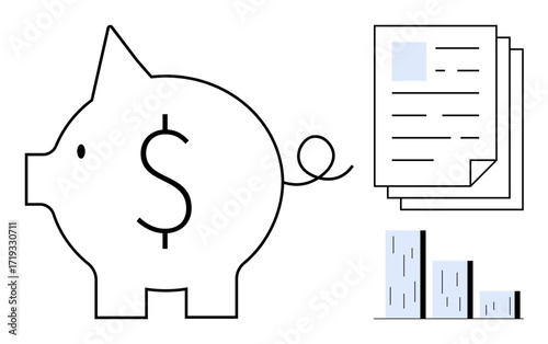 Piggy bank with dollar sign, stack of documents, and bar chart visualizing finance. Ideal for savings, budgeting, investments, accounting, financial planning economics business growth. Simple flat