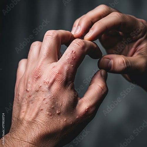 Hands afflicted with skin condition, showing dermatological manifestations