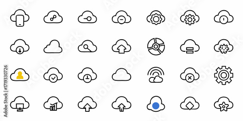Modern cloud icons representing data management, connectivity, settings, and user profiles for digital services and technology solutions