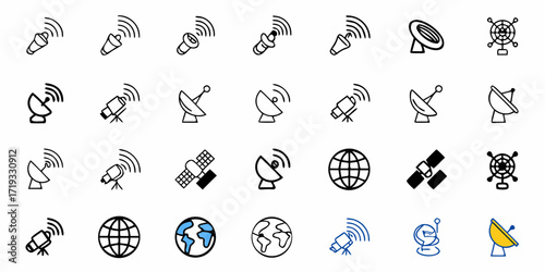 Dynamic collection of communication and network icons featuring satellites, antennas, and globes for modern technology concepts