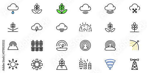 Modern agriculture icons symbolizing weather, growth, and technology for smart farming applications and sustainable practices