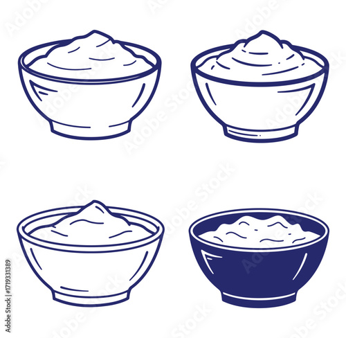 Vector illustration featuring four bowls filled with creamy substance isolated on white background