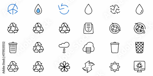 Dynamic collection of environmental and sustainability icons featuring recycling, nature, and waste management symbols for modern design projects