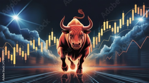 Stock Market Bull Run: A dynamic illustration of a charging bull, symbolizing the bullish trend in the stock market, with candlestick charts enhancing the financial concept.