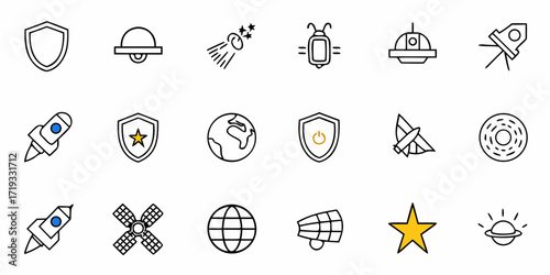 Explore outer space with these dynamic icons featuring rockets, planets, and celestial bodies for your next project.
