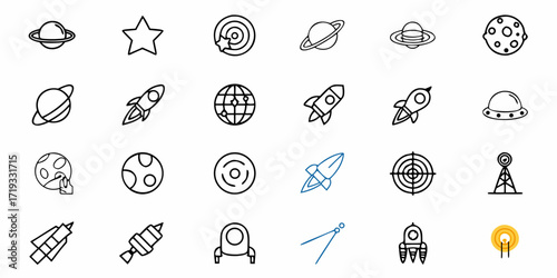 Cosmic exploration and futuristic technology icons featuring planets, rockets, stars, and satellites for science and discovery themes.