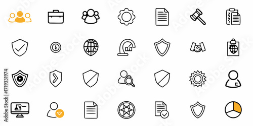 Professional business icons set representing teamwork, security, strategy, finance, and law for modern corporate projects and presentations.