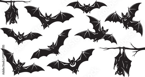 Collection of flying and hanging bats in silhouette for spooky halloween decorations and designs