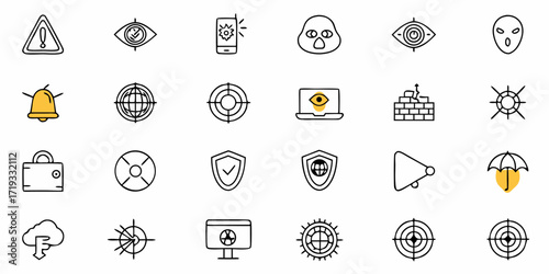 Dynamic security icons pack alert warning shield target laptop download cloud umbrella protection concept
