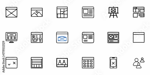 Modern business interface icons for digital planning, web design and communication flow, offering clear visual cues for user experience and content organization