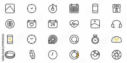 Modern minimalist icon set for apps and websites featuring time, health, communication, and organization essentials