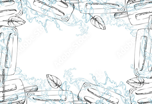 Ice lolly popsicle stick with fresh mint leaves in water splashes, waves and drops. graphic frame illustration hand drawn in vector ink. Cafe branding, frozen dessert label, eco takeaway packaging