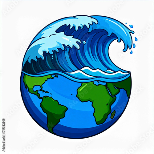 Cartoon Earth Globe with Enormous Wave, Showing Global Water Crisis