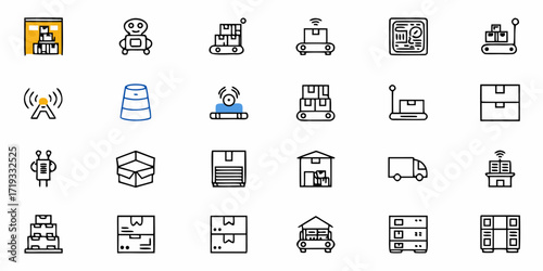 Dynamic logistics and delivery icons representing warehousing, automation, shipping, and efficient supply chain management for modern business operations