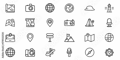 Explore the world with captivating travel icons featuring maps, cameras, globes, and adventure symbols for your next journey.