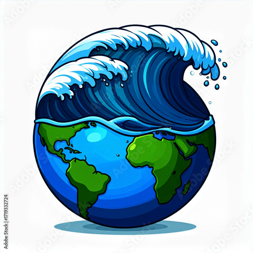 Cartoon Illustration of a Giant Wave Crashing Over a Stylized Earth Globe