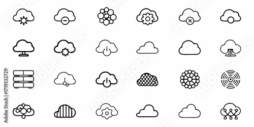 Modern technology cloud icons set representing data storage, network security, and digital services for innovative business solutions and online platforms