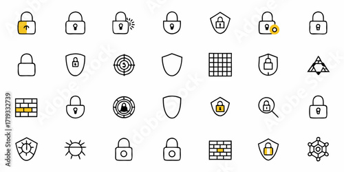 Collection of modern security icons featuring locks, shields, firewalls, and data protection symbols for digital safety and privacy concepts