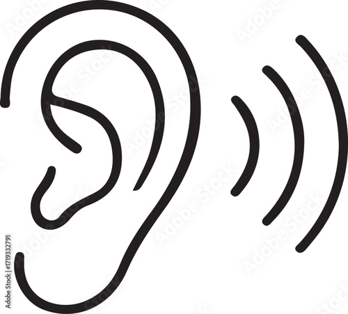 Simple line art icon of human ear receiving sound waves for hearing and listening concepts