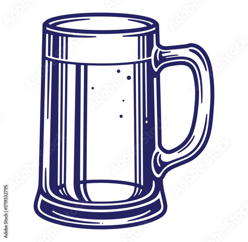 Vector illustration of a dark blue beer mug with bubbles and handle on white background