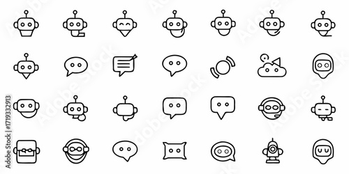 Modern robot icons and chat bubbles offering diverse communication and AI solutions for digital interfaces and technology