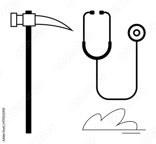 Stethoscope, pickaxe, and abstract swoosh evoke themes of health, labor, environment, and duality. Ideal for healthcare, industry balance synergy work sustainability challenges. Simple flat
