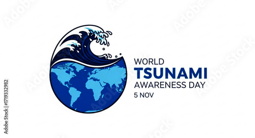 Stylized Blue Wave Crashing Over Pixelated Earth Globe for Tsunami Awareness Day