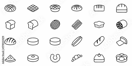 Delicious bakery icons showcasing a variety of fresh bread, pastries, and sweet treats, perfect for modern food branding and culinary designs
