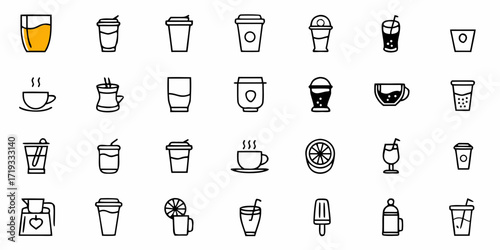 Diverse collection of beverage icons including coffee cups, juice glasses, and refreshing drinks, perfect for menus and branding