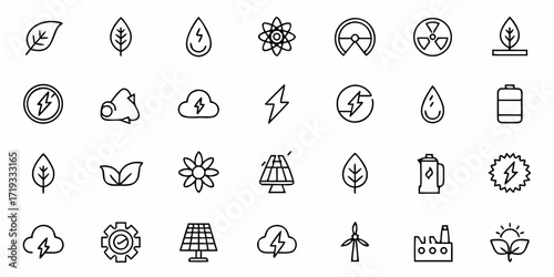 Dynamic collection of modern clean energy icons symbolizing sustainability, nature, and power for innovative projects